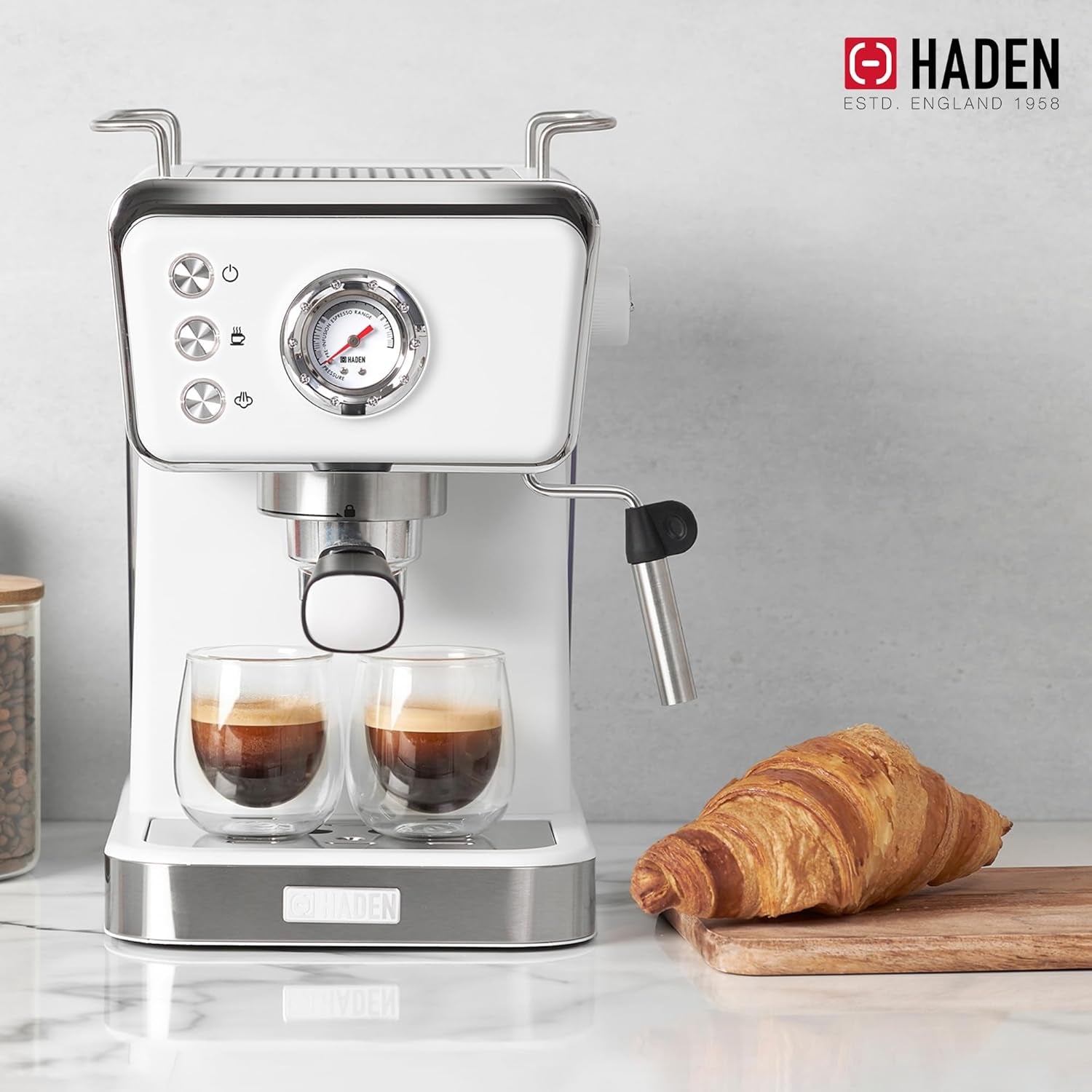 HADEN Barista Brew Espresso Coffee Machine Stainless Steel with Milk Frother and Steamer Function and 1.5L Water Tank Ivory & Copper