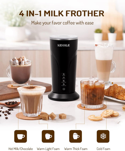 4-In-1 Milk Frother and Steamer, Electric Milk Steamer with Keep Warm Function, Automatic Warm and Cold Foam Maker for Coffee, Latte, Hot Chocolate, Cappuccinos, Macchiato, Black