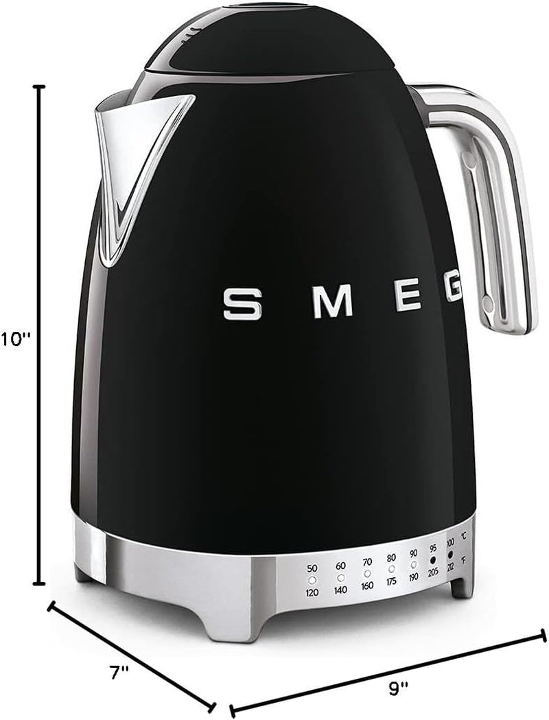 Smeg 50'S Retro 7 Cup Stainless Steel Variable Temperature Electric Kettle with 7 Temperature Settings, Led Display, Swivel Base and Keep Warm Function Black KLF04BLUS