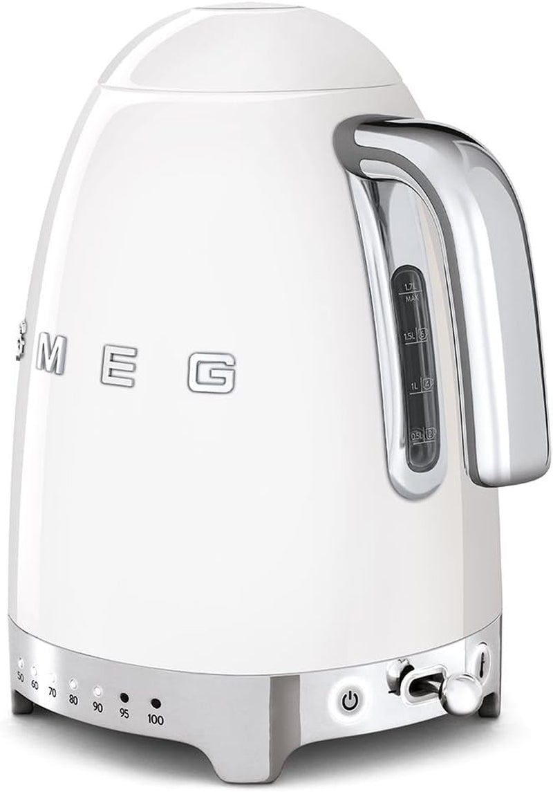 Smeg 50'S Retro 7 Cup Stainless Steel Variable Temperature Electric Kettle with 7 Temperature Settings, Led Display, Swivel Base and Keep Warm Function White KLF04WHUS