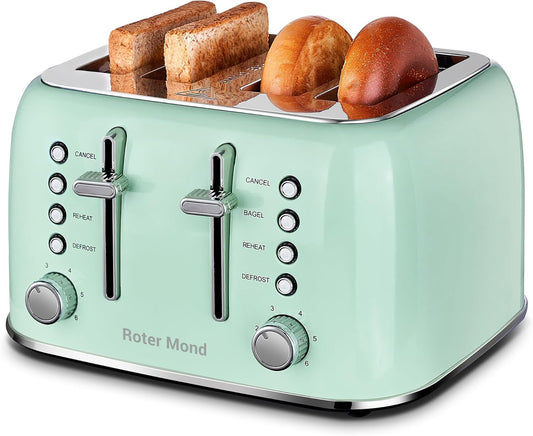 Roter Mond Retro Stainless Steel Toaster 4 Slice Extra Wide 6 Browning Levels Aqua Green