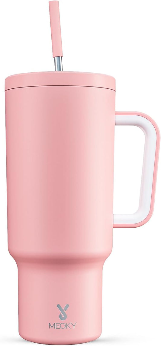 Meoky 40 Oz Tumbler with Handle and Straw, Tumbler with Lid and Straw, Insulated Stainless Steel Travel Mug, 100% Leak-Proof, Keeps Cold for 34 Hours or Hot for 10 Hours (Blush)