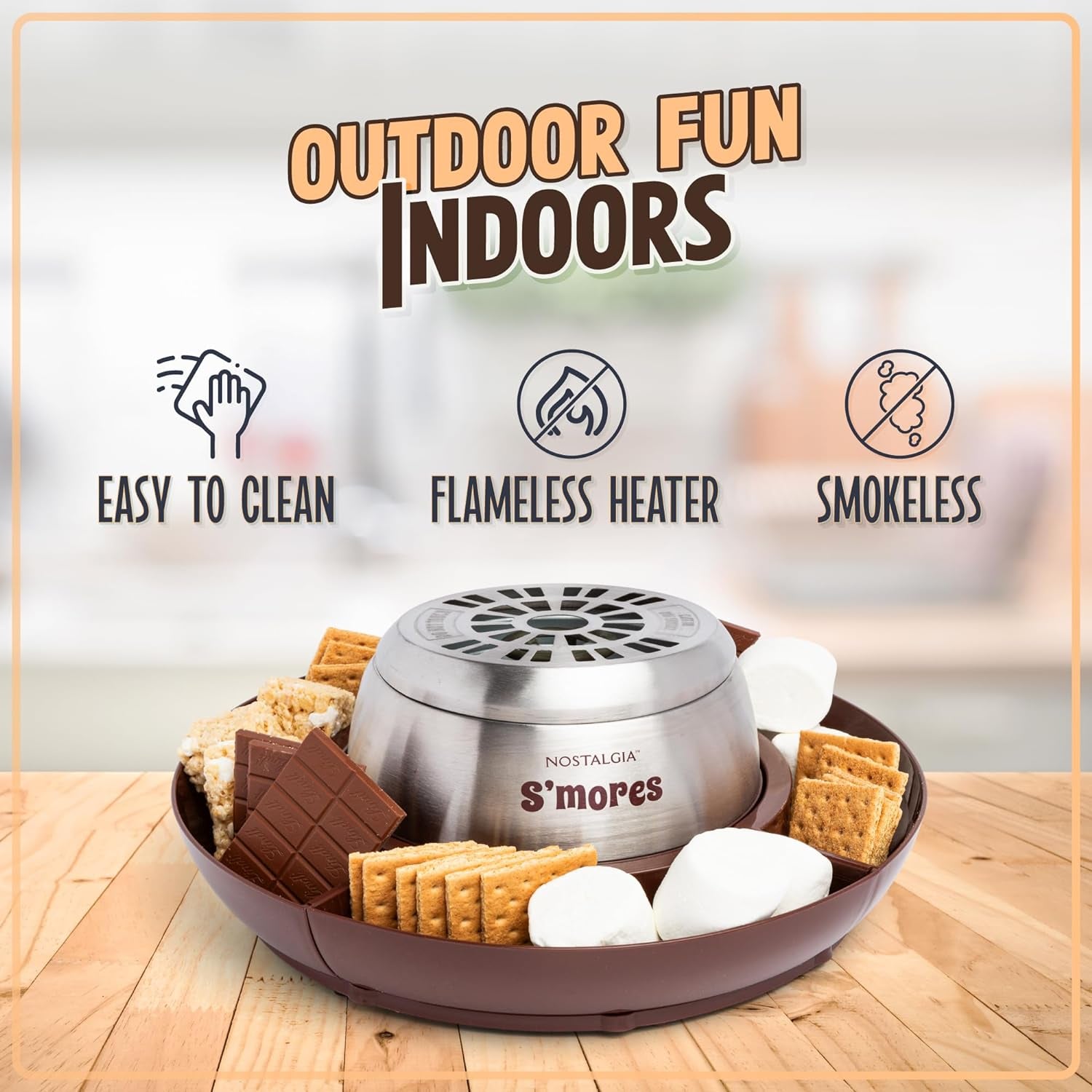 Nostalgia Indoor Electric Stainless Steel S'Mores Maker with 4 Lazy Susan Compartment Trays for Graham Crackers, Chocolate, Marshmallows and 4 Roasting Forks, Brown