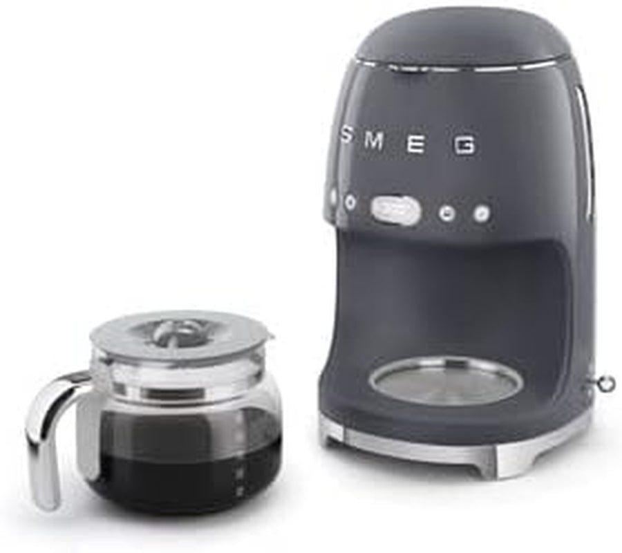 Smeg 50'S Retro Style Aesthetic Drip Coffee Machine with 10 Cup Glass Carafe, Auto Start Feature, Keep Warm Plate, and Two Coffee Strength Settings (Grey)