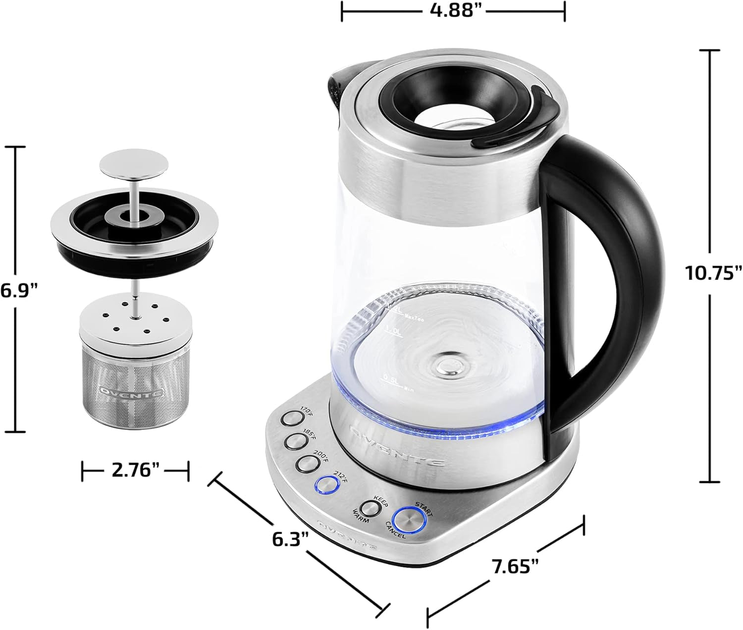 OVENTE Glass Electric Kettle Water Boiler 1.7 Liter Prontofill Tech Portable Kettle W/ Set Temperature Control, 1500W Keep Warm BPA Free W/ Stainless Steel Base & Tea Maker Infuser - Silver KG733S