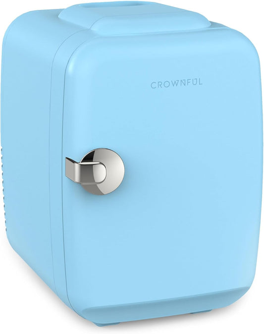 CROWNFUL Mini Fridge 4 Liter 6 Can Portable Cooler and Warmer Fridge for Skin Care & Cosmetics (Blue)