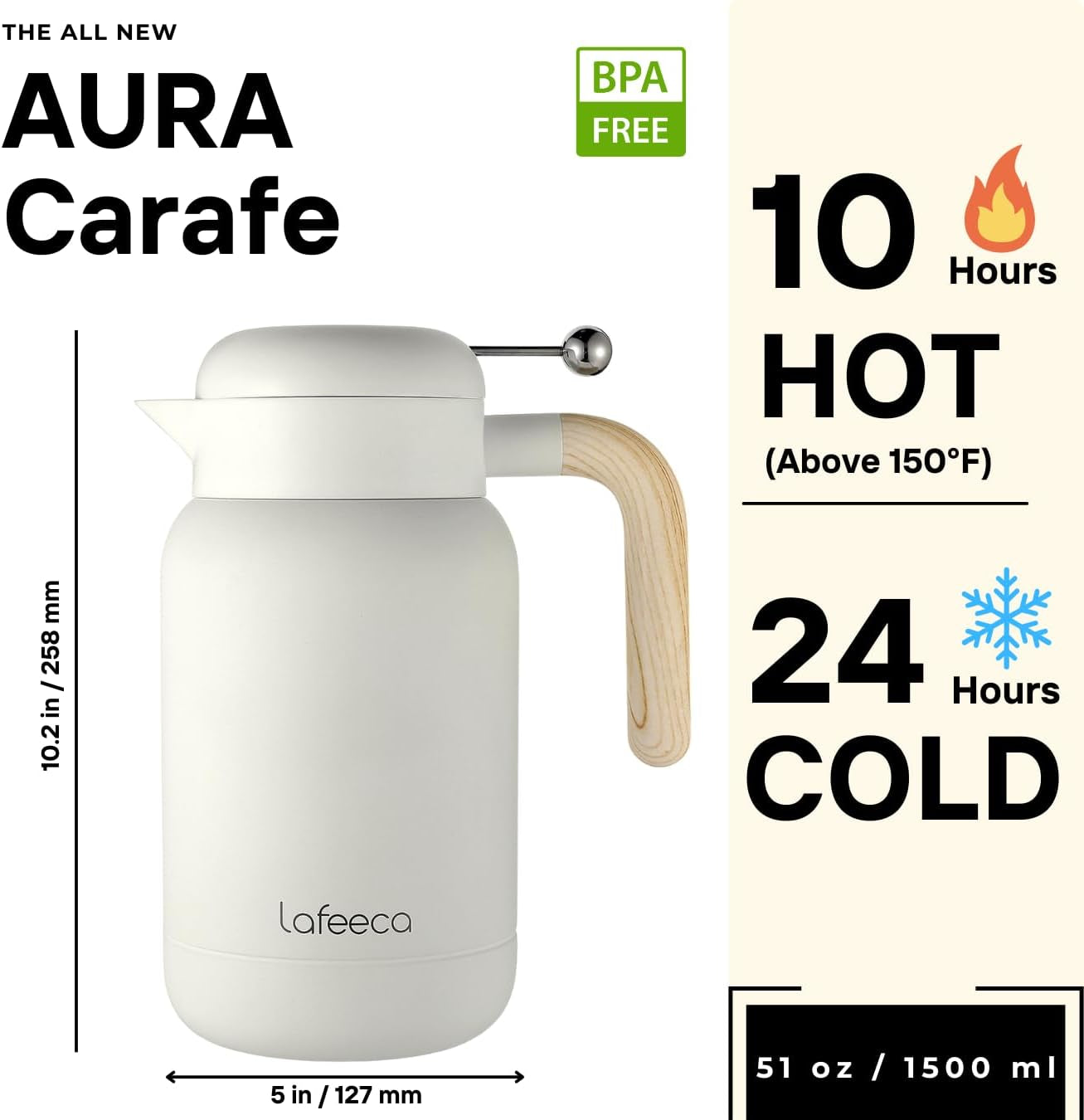 Aura Thermal Coffee Carafe Tea Pot for Keeping Hot & Iced Cold - Vacuum Insulated - Thermos Water Pitcher - Beverage Dispenser - Cool Touch Handle & Lid - BPA Free - 1.5 Liter - Dune