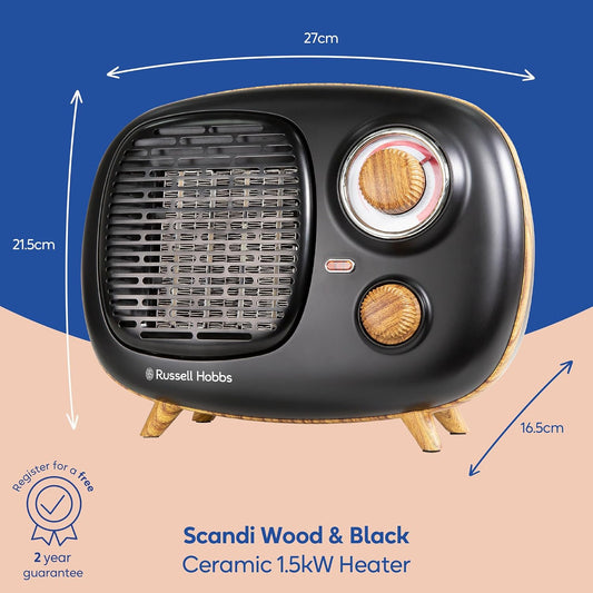 Russell Hobbs Retro Portable Ceramic Electric Heater 2 Heat Settings 1500W Black