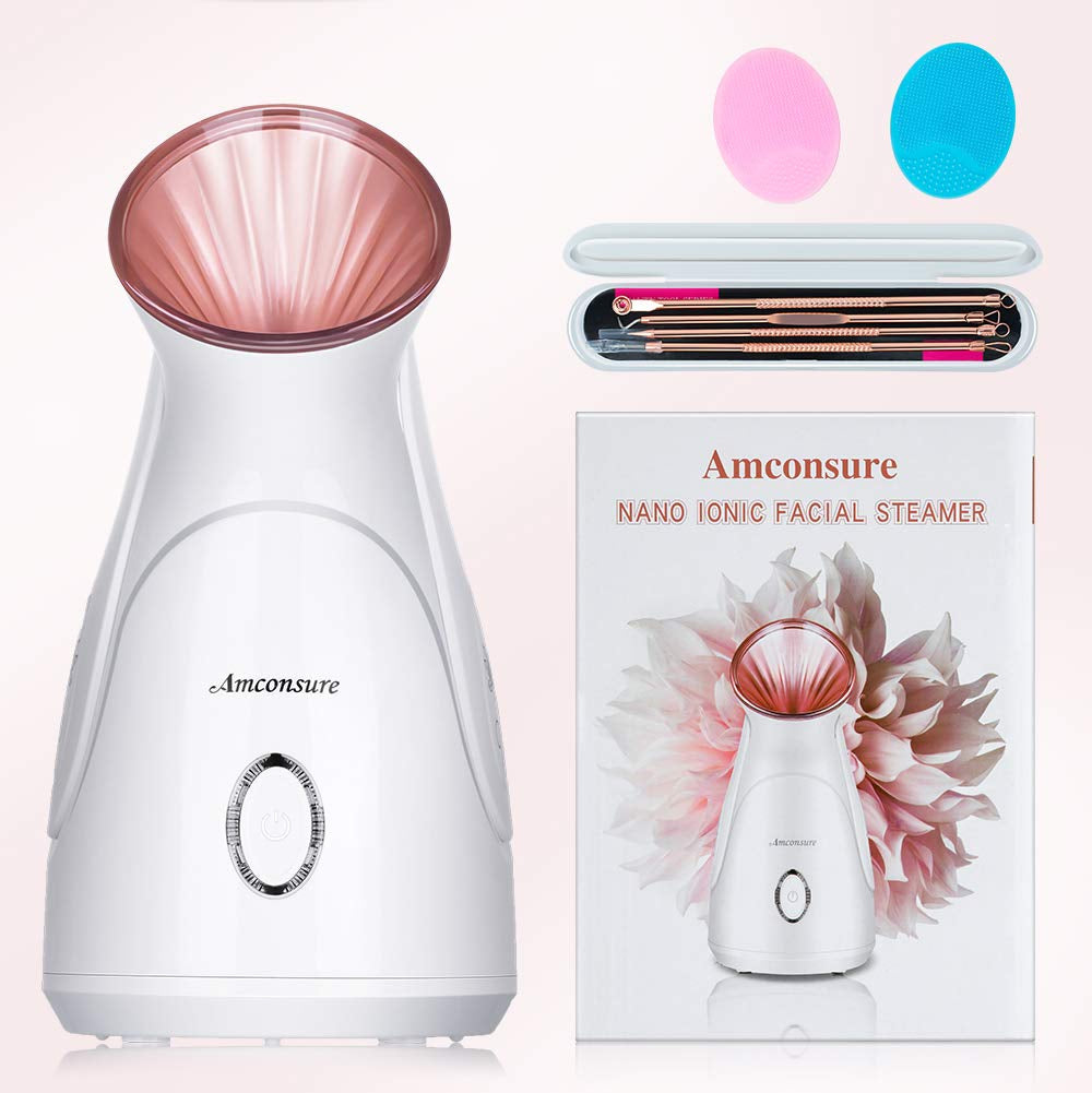 Amconsure Nano Ionic Face Steamer 100ML Warm Mist Humidifier for Face Spa Steamer | Bonus Stainless Steel Skin Kit and 2 Face Scrubbers