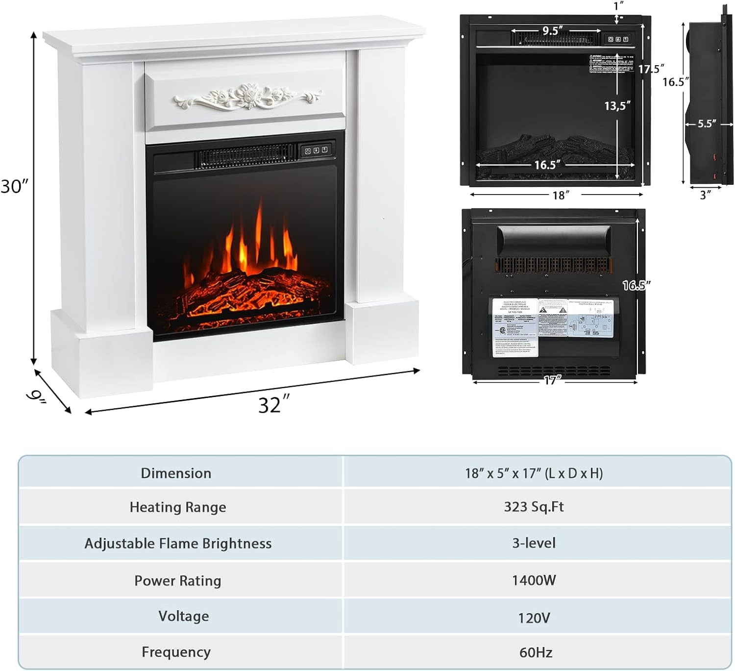 SIMOE Electric Fireplace with Mantel with Remote Control & Overheat Protection White