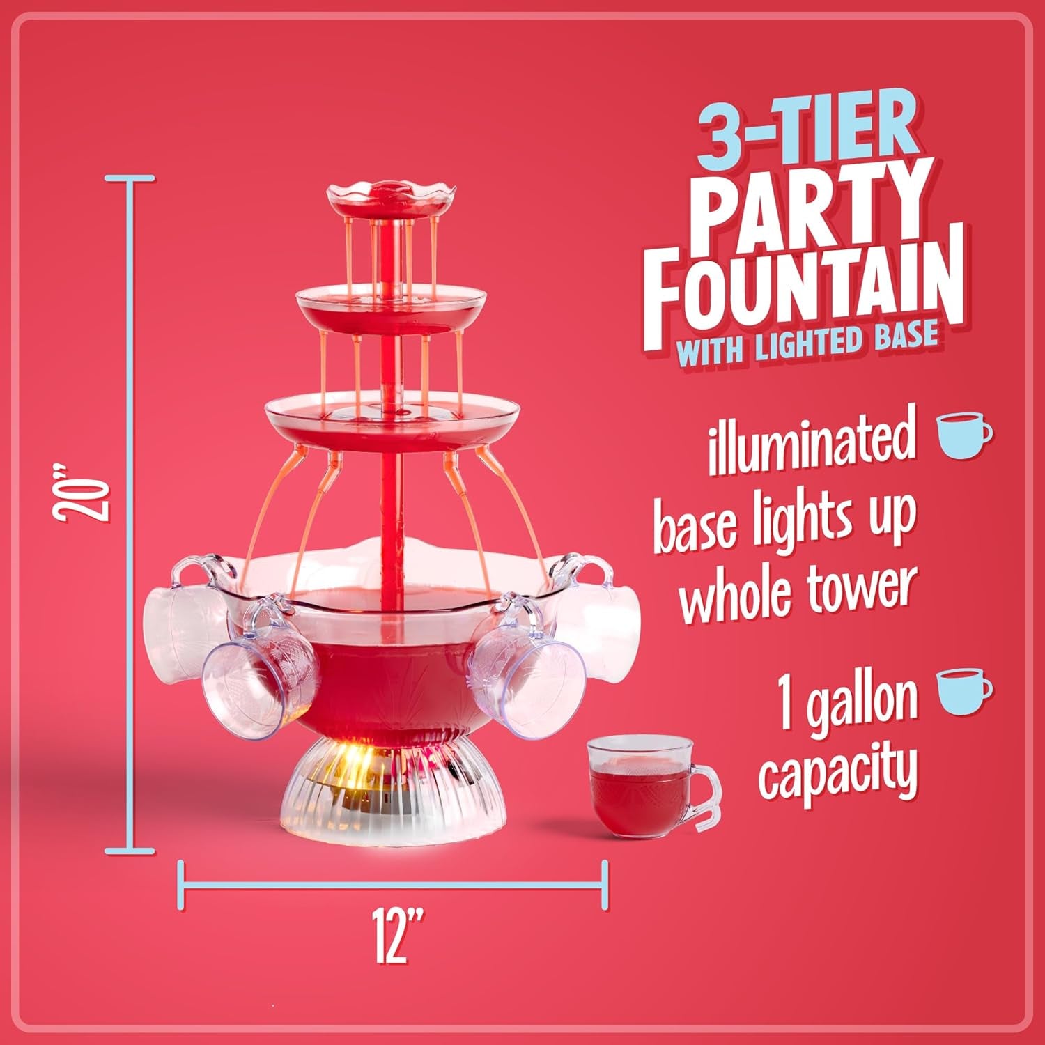 Nostalgia 3-Tier Party Fountain Holds 1 Gallon, LED Lighted Base, Includes 5 Reusable Cups, Clear