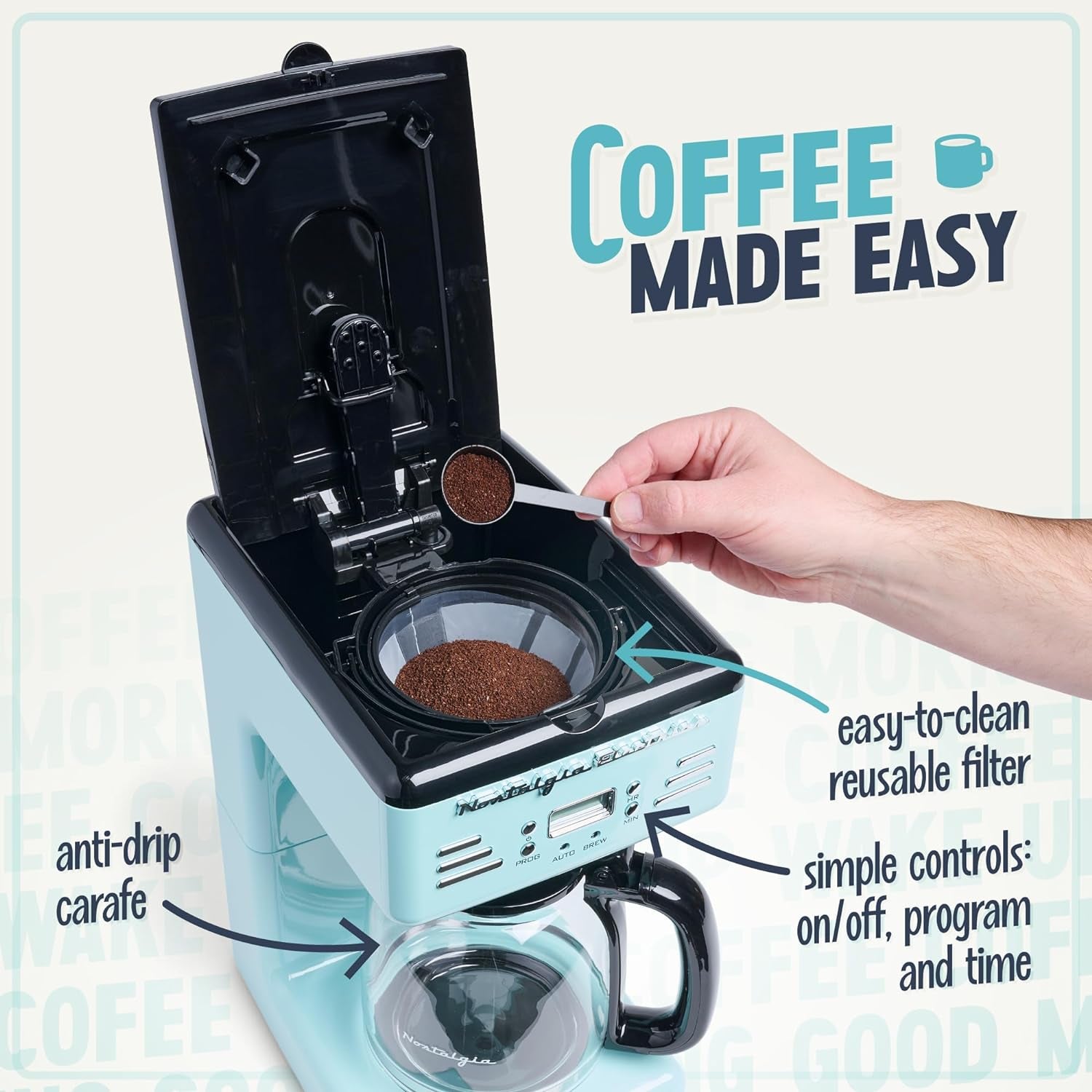 Nostalgia Retro 12-Cup Programmable Coffee Maker with LED Display, Automatic Shut-Off & Keep Warm, Pause-And-Serve Function, Aqua