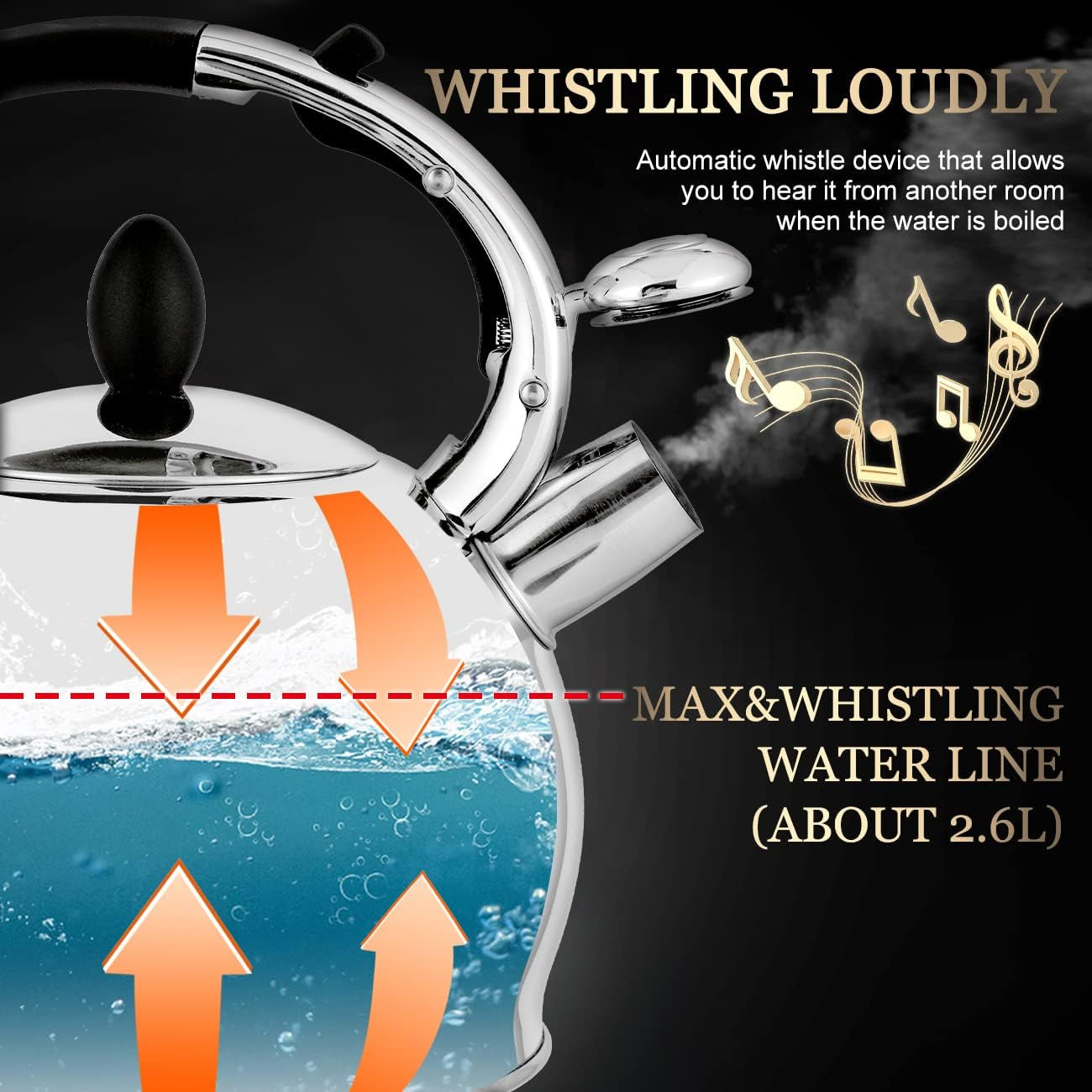 SUSTEAS Stove Top Whistling Tea Kettle - Food Grade Stainless Steel Teakettle Teapot with Cool Touch Ergonomic Handle, with 1 Silicone Pinch Mitt Included,2.64 Quart(Silver)