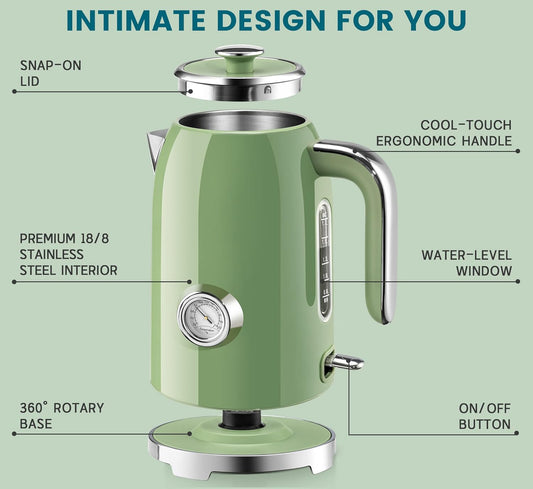 SUSTEAS Electric Kettle - 57Oz Hot Tea Water Boiler with Thermometer, 1500W Fast Heating Stainless Steel Pot, Cordless LED Indicator, Auto Shut-Off & Boil Dry Protection, Retro Green