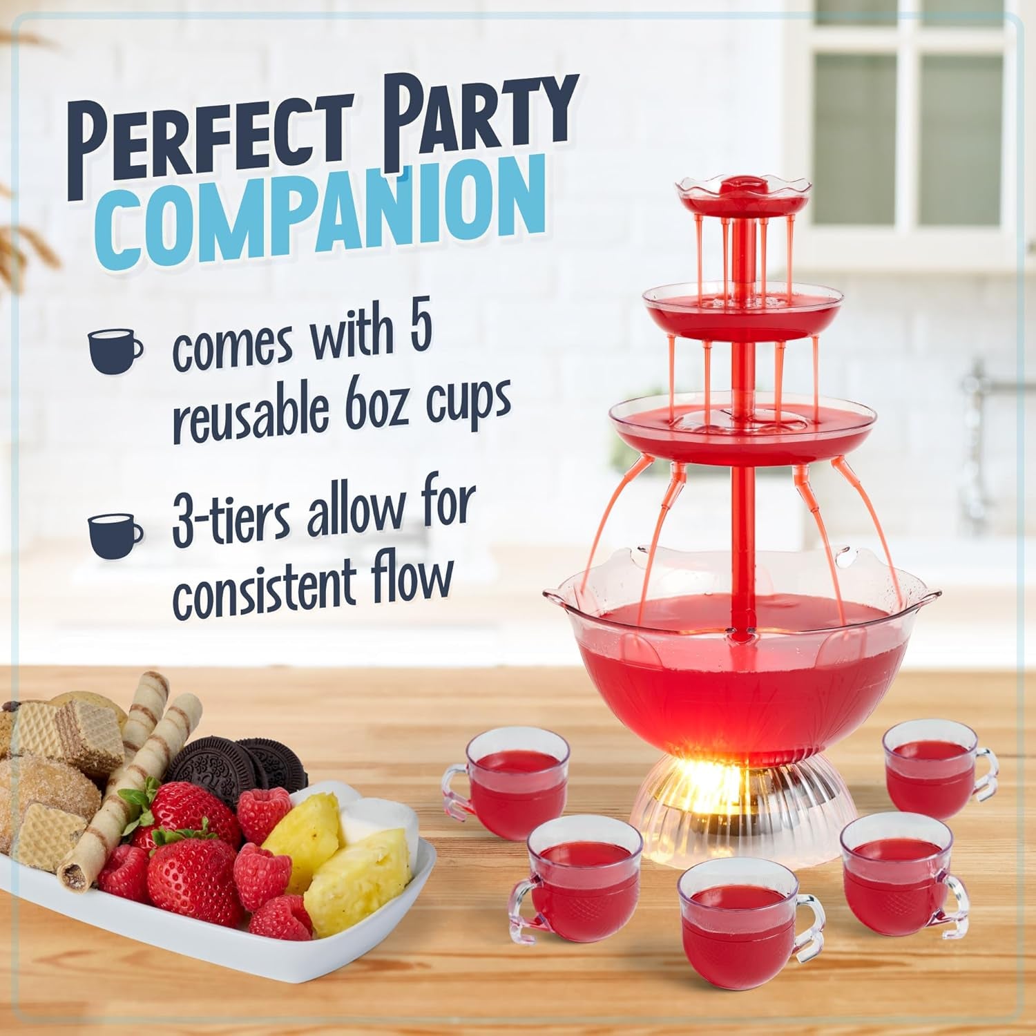 Nostalgia 3-Tier Party Fountain Holds 1 Gallon, LED Lighted Base, Includes 5 Reusable Cups, Clear