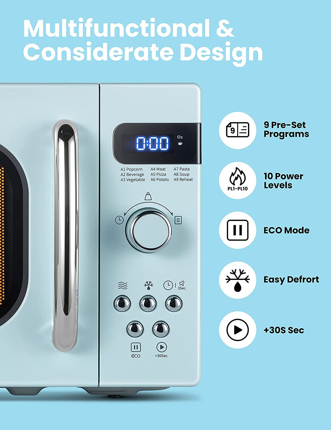 COMFEE' Retro Small Microwave Oven with Compact Size, 9 Preset Menus, Position-Memory Turntable, Mute Function, Countertop Microwave for Small Spaces, 0.7 Cu Ft/700W, Green, AM720C2RA-G