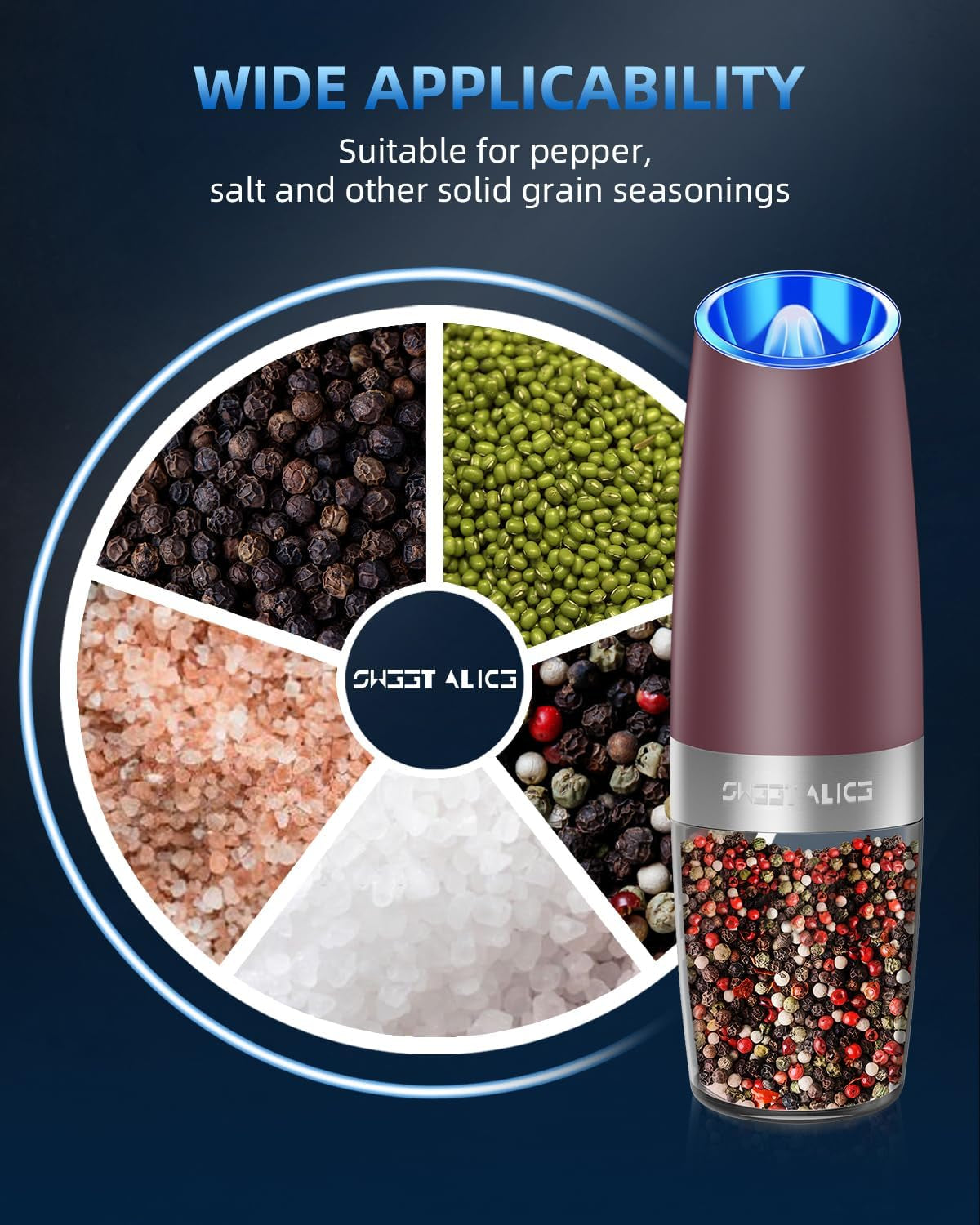 Sweet Alice Gravity Electric Pepper and Salt Grinder Set, Adjustable Coarseness, Battery Powered with LED Light, One Hand Automatic Operation, Rose Red, 2 Pack