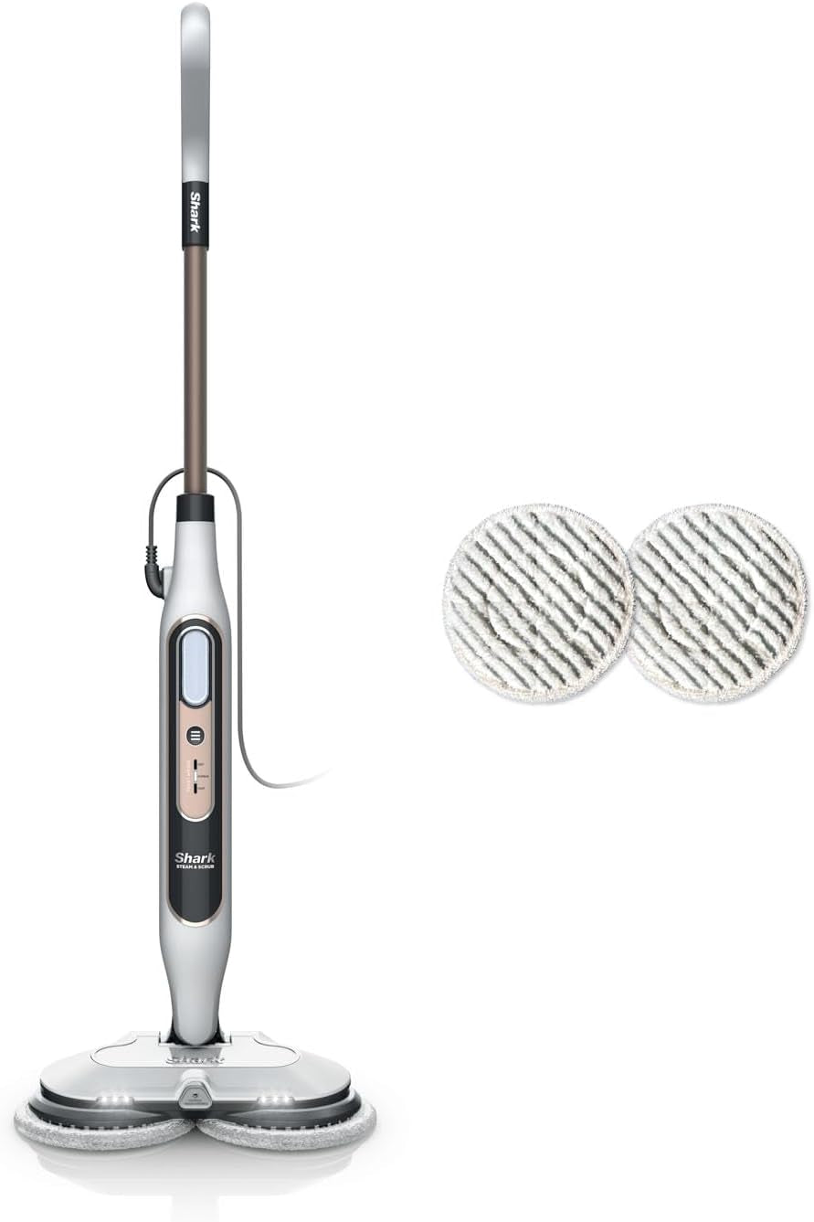 Shark Automatic Steam and Scrub Steam Mop with Steam Blaster 2 Rotating Power Pads 3 Steam Settings White & Grey