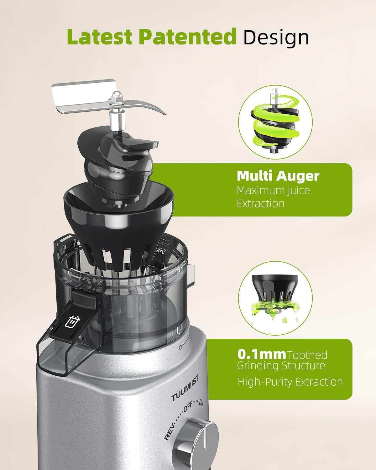 Juicer Machines, TUUMIIST Cold Press Juicer with 4.25'' Large Feed Chute Fit Whole Vegetable and Fruit, Masticating Juicer Easy to Clean, BPA Free (Silvery)