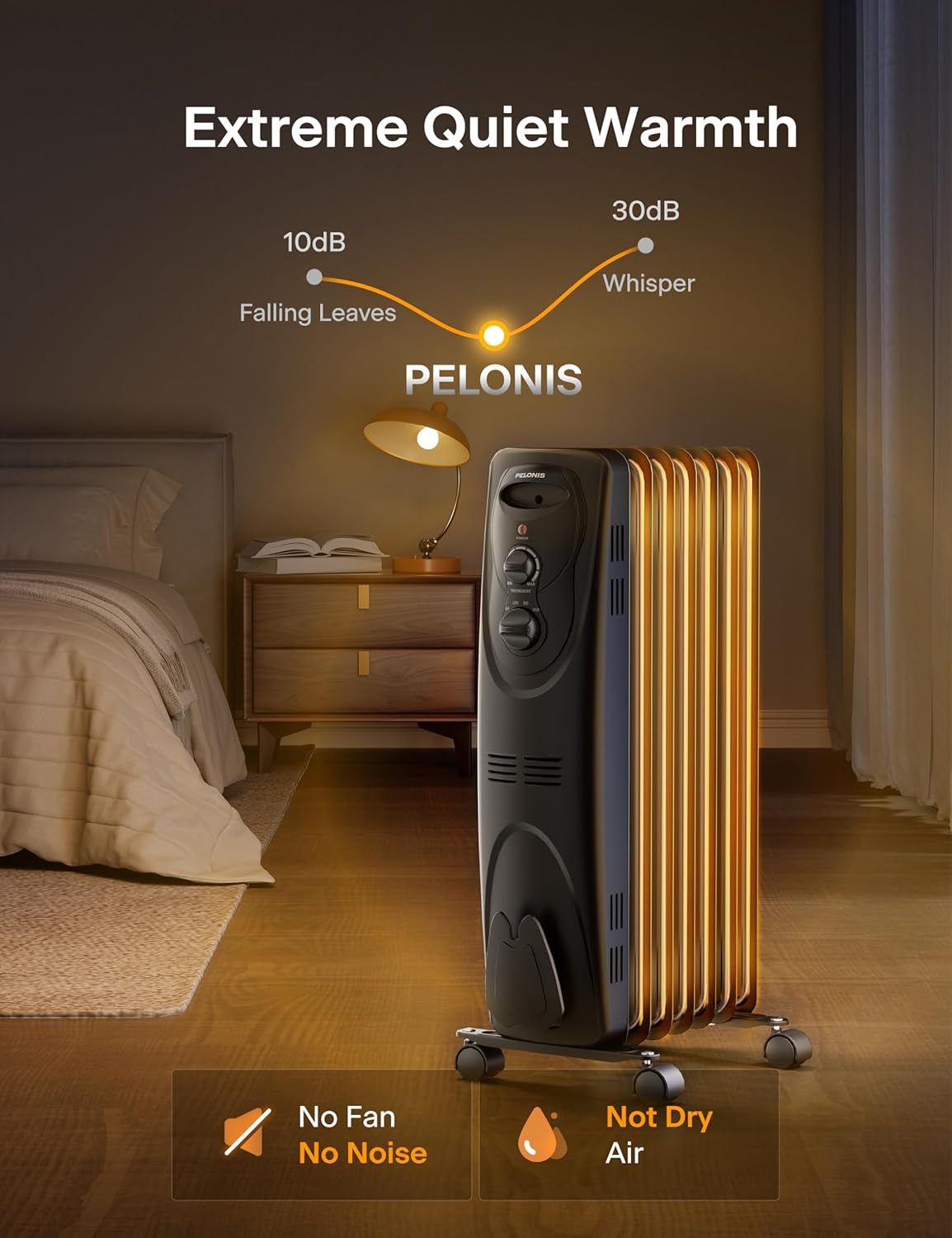 PELONIS Oil Filled Radiator Heater for Indoor Use Large Room Safe with Thermostat, 1500W Energy Efficient Quiet Space Heater, 3 Heat Settings, Overheat & Tip-Over, Black