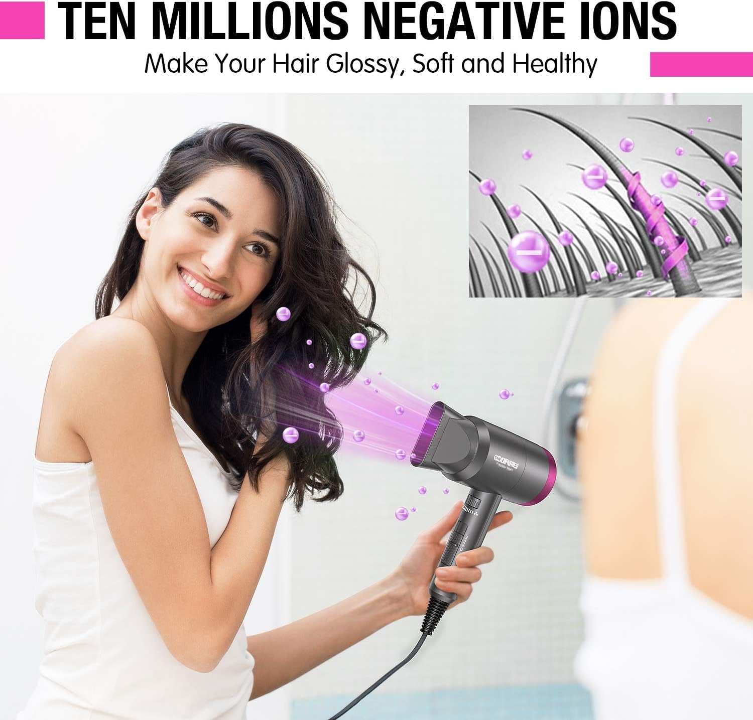 CONFU Ionic Blow Dryer 1600W, Portable Lightweight Fast Drying Negative Ion Hairdryer Blowdryer, 3 Heat Settings & Infinity Speed, with Diffuser and Concentrator Nozzle for Home & Travel