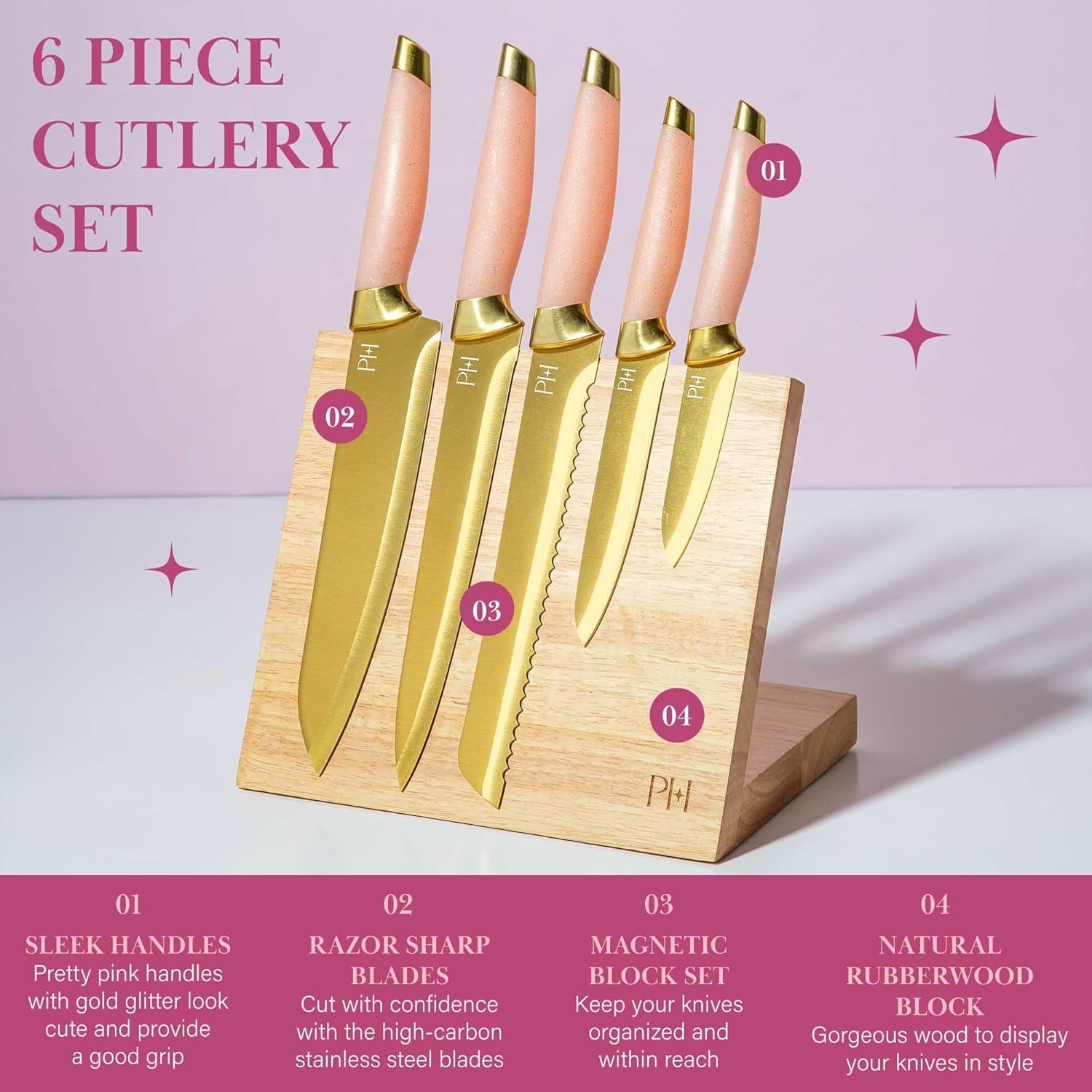 Paris Hilton Knife Block Set with Magnetic Wooden Knife Block, High Carbon Stainless Steel Blades with Titanium Coating, Sleek Comfortable Grip Handles, 6-Piece Set, Pink and Gold