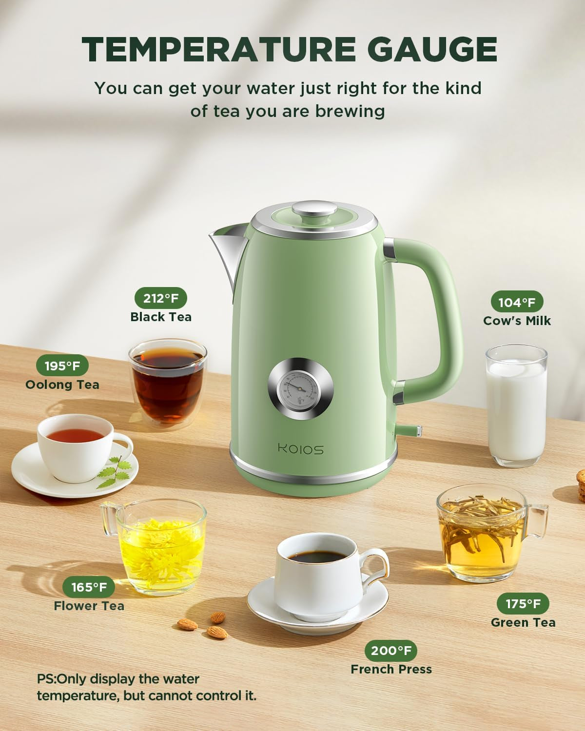 Electric Kettle, 1.8 L Hot Water Boiler Heater with Thermometer, 1500W Retro Electric Tea and Water Kettle with LED Indicator, 100% Stainless Steel, Auto Shut-Off & Boil-Dry Protection, Retro Green