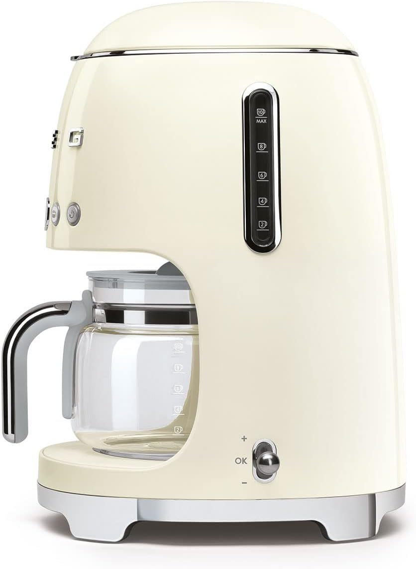 Smeg 50'S Retro Style Aesthetic Drip Coffee Machine with 10 Cup Glass Carafe, Auto Start Feature, Keep Warm Plate, and Two Coffee Strength Settings (Cream)