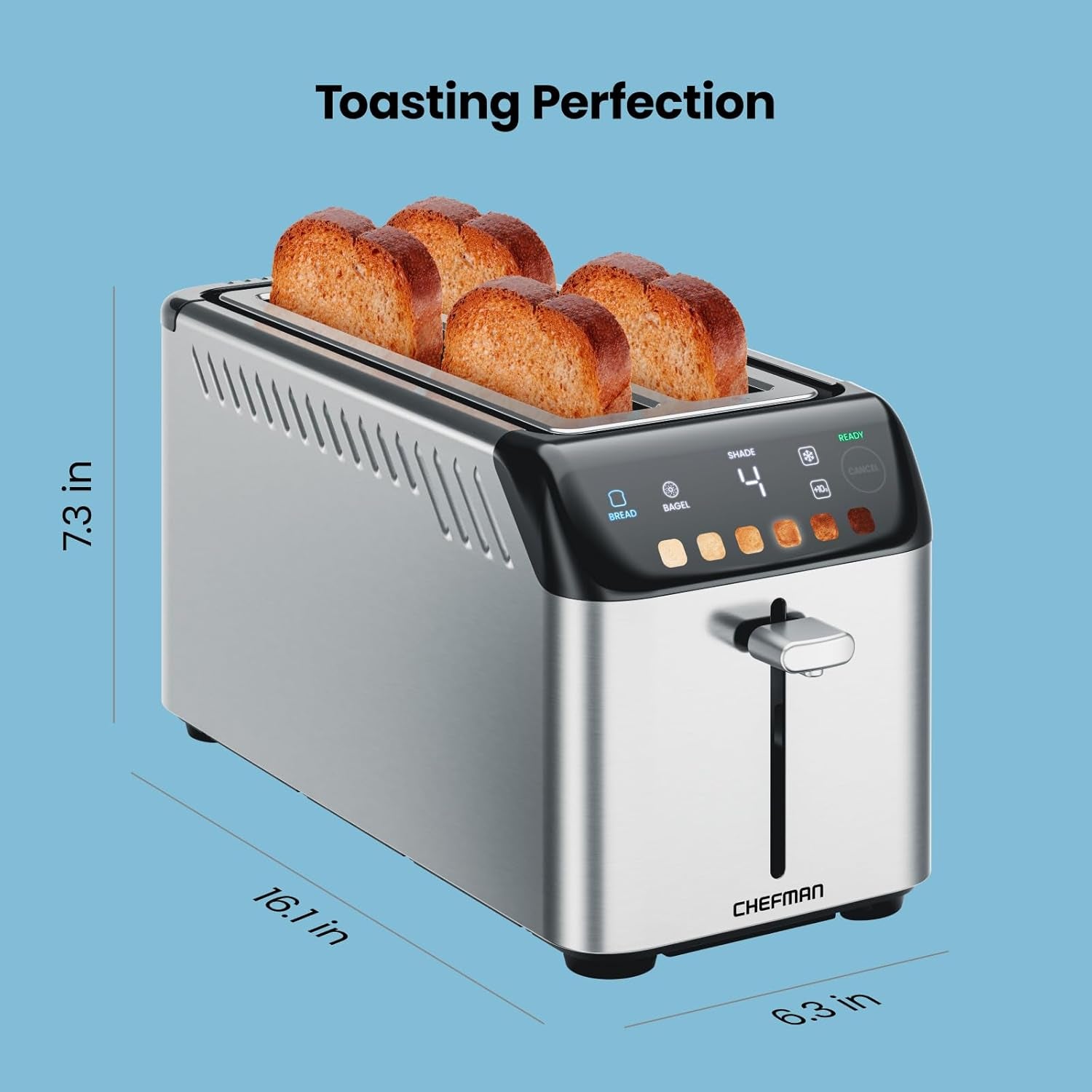 Chefman Smart Touch 4 Slice Digital Toaster, 6 Shade Settings, Stainless Steel Toaster 4 Slice with Extra-Wide Slots, Thick Bread Toaster and Bagel Toaster, +10, Defrost, Removable Crumb Tray