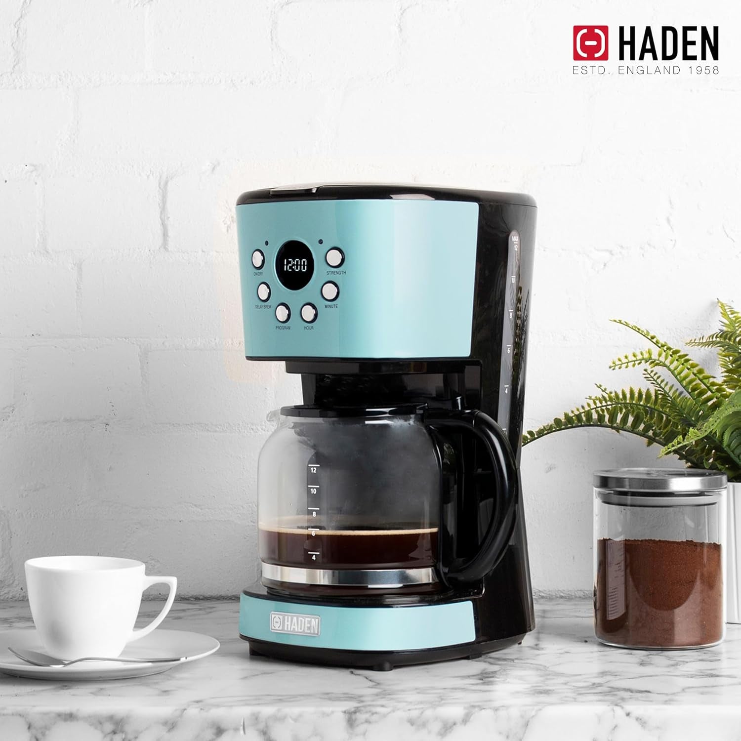 Haden Coffee Machine, 12 Cup Programmable Drip Coffee Maker with Auto Shut-Off Function and Reusable Washable Water Filter, Turquoise & Chrome