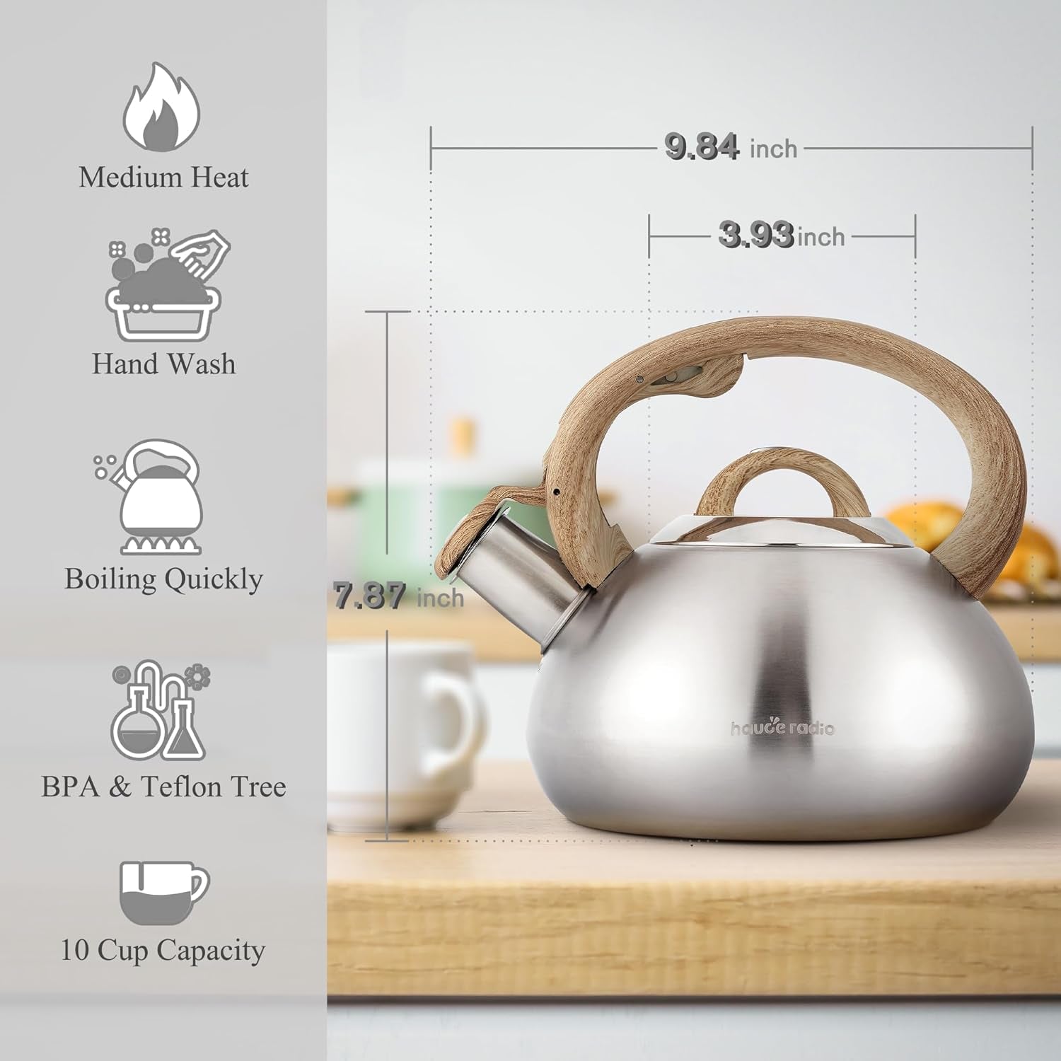 Tea Kettle Stovetop,2.0Qt Loud Whistling Kettle for Boiling Water Coffee or Milk, Food Grade Stainless Steel Tea Kettle with Wood Pattern Handle and Anti-Rust,Suitable for All Heat Sources