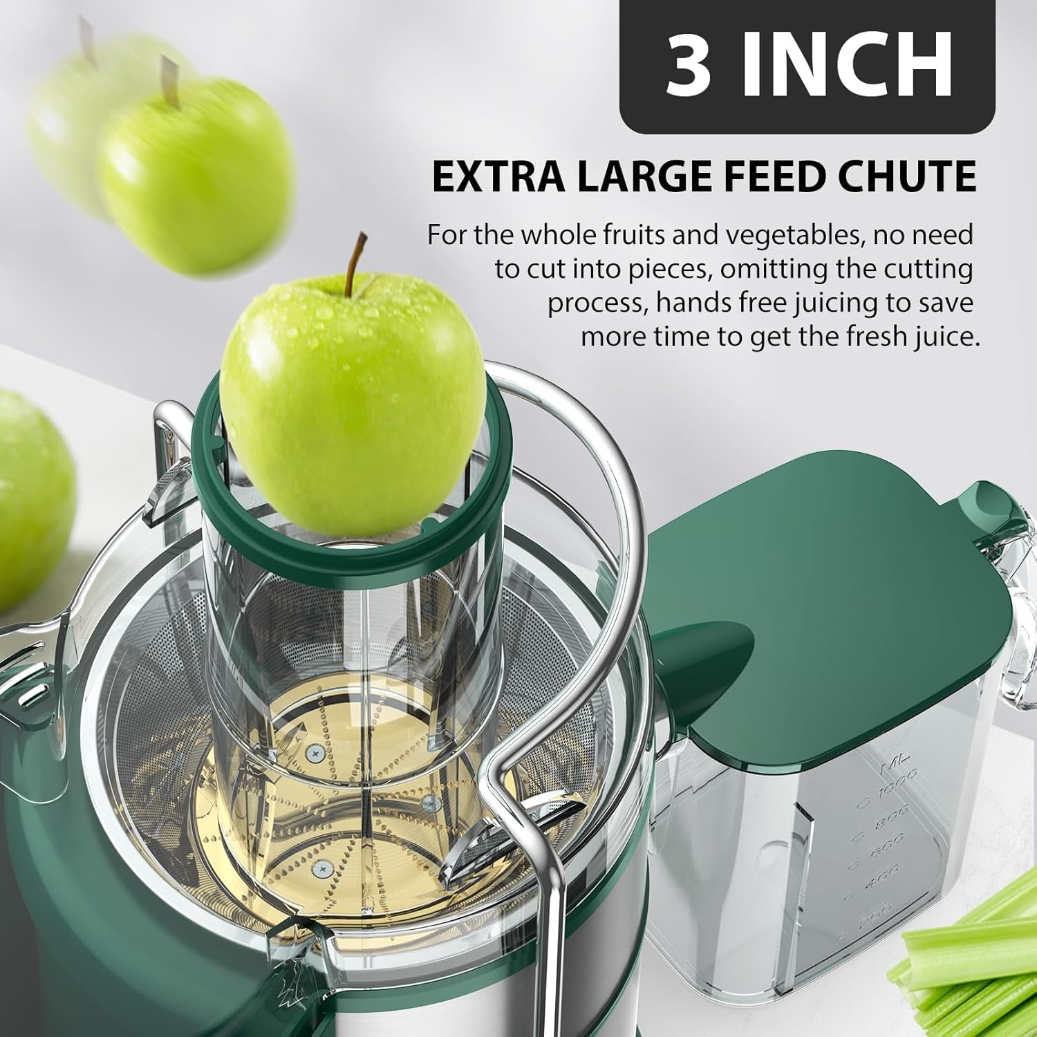 1300W KOIOS Centrifugal Juicer Machines, Juice Extractor with Extra Large 3Inch Feed Chute, Full Copper Motor, Titanium-Plated Filter, High Juice Yield, 3 Speeds Mode, Brush Included, Non-Bpa, Green