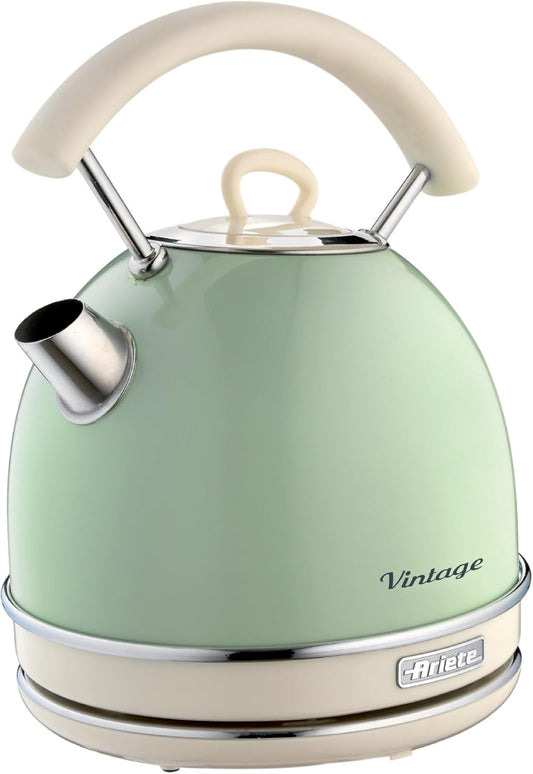 Ariete Bollitore Vintage 2877, Elettrico Con Livello Acqua Visibile, Base Cordless 360°, Spegnimento Automatico, Impugnatura Ergonomica, Capacità 1,7 L, Acciaio Inossidabile, Con Manico, 2000W, Verde