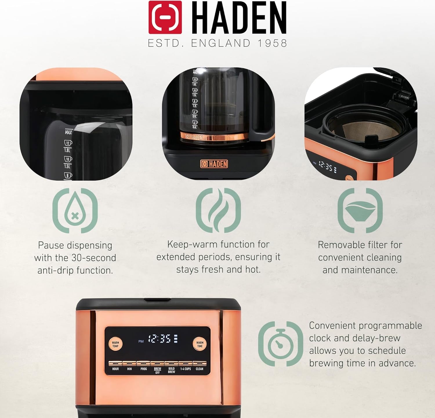 HADEN Generous Brew 14 Cup Coffee Maker with 120 Minute Keep Warm, Delay Brew, Adjustable Strength, Programmable Clock, and anti Drip, Black/Copper