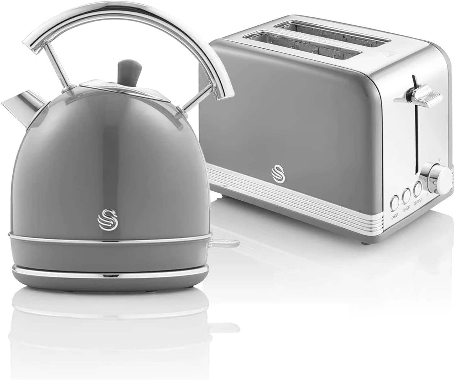 Swan Retro Breakfast Set Stainless Steel Kettle 1.8L & 2-Slice Toaster 6 Level Browning Control Grey Color