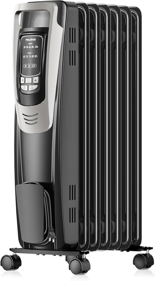 PELONIS Radiator Heater for Indoor Use Large Room with Remote, Thermostat & LED Display, Quiet Oil Filled Heater with 5 Temperature Settings, Overheat & Tip-Over Protection, Silver