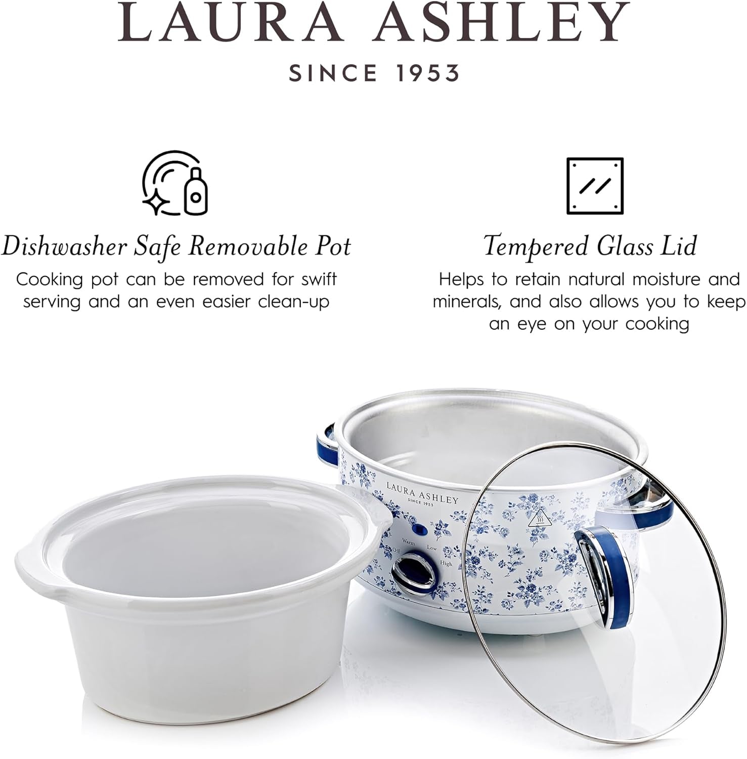 Laura Ashley Slow Cooker 3.7 Quart - Large Slow Cooker 3.7 QT for 4 to 5 People - Energy Efficient Slow Cookers with 3 Heat Settings - Dishwasher Safe Removeable Ceramic Crock & Tempered Glass Lid