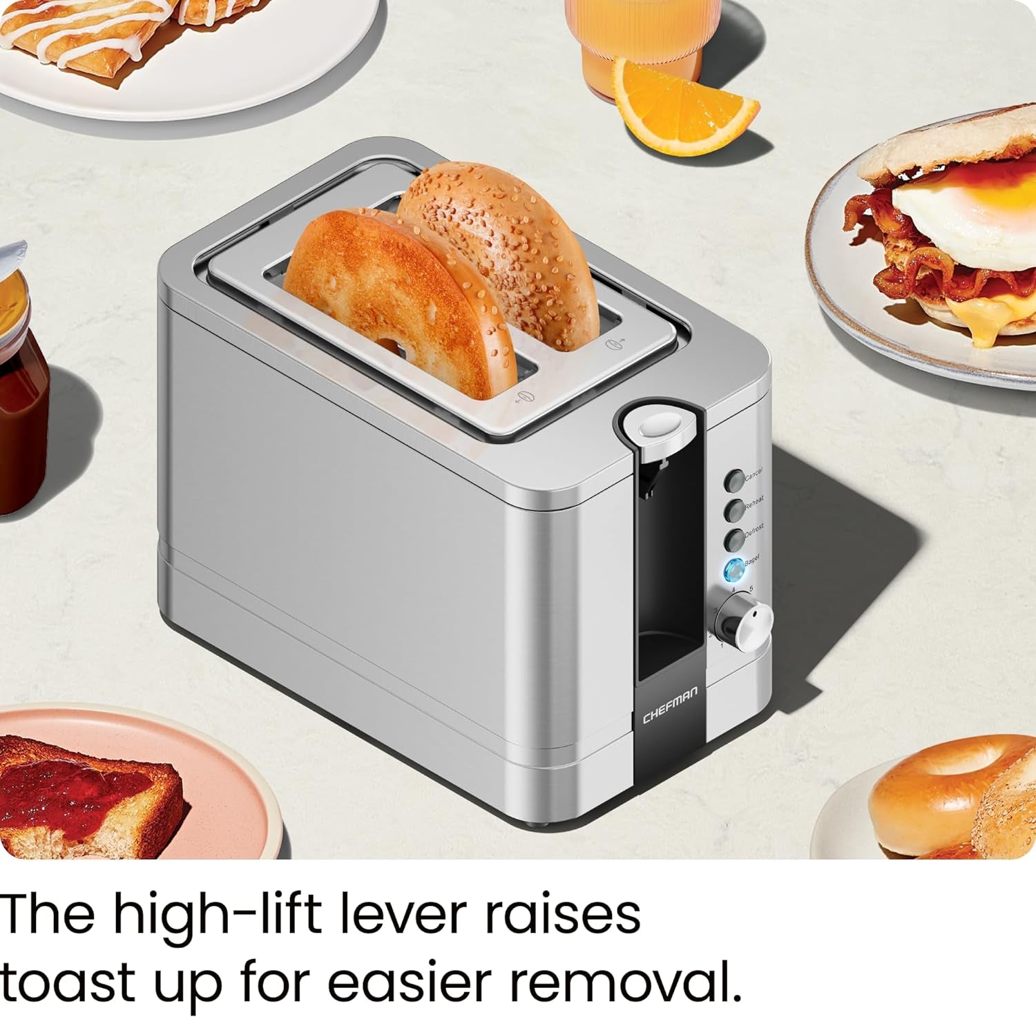 Chefman 2-Slice Pop-Up Stainless Steel Toaster W/ 7 Shade Settings, Extra Wide Slots for Toasting Bagels, Defrost/Reheat/Cancel Functions, Removable Crumb Tray, 850W, 120V, Silver