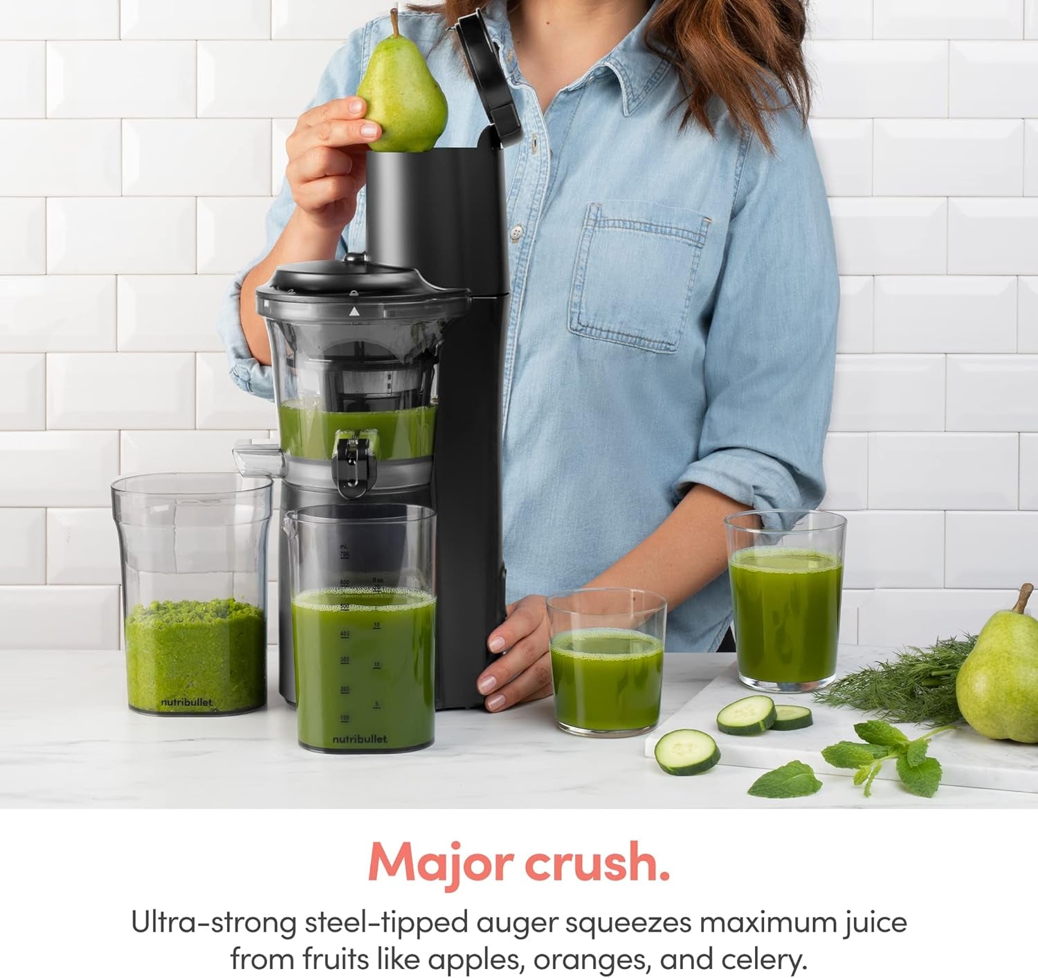 Nutribullet Slow Juicer, Slow Masticating Juicer Machine, Easy to Clean, Quiet Motor & Reverse Function, Bpa-Free, Cold Press Juicer with Brush, 150 Watts, Charcoal Black, NBJ50300, 24-Oz