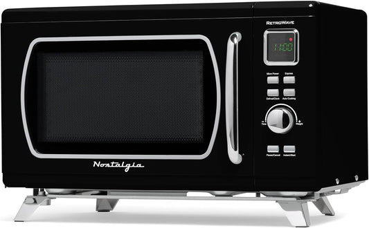 Nostalgia Mid-Century Retro Countertop Microwave Oven - Large 900-Watt - 0.9 Cu Ft - 8 Pre-Programmed Cooking Settings - Digital Clock - Kitchen Appliances - Black