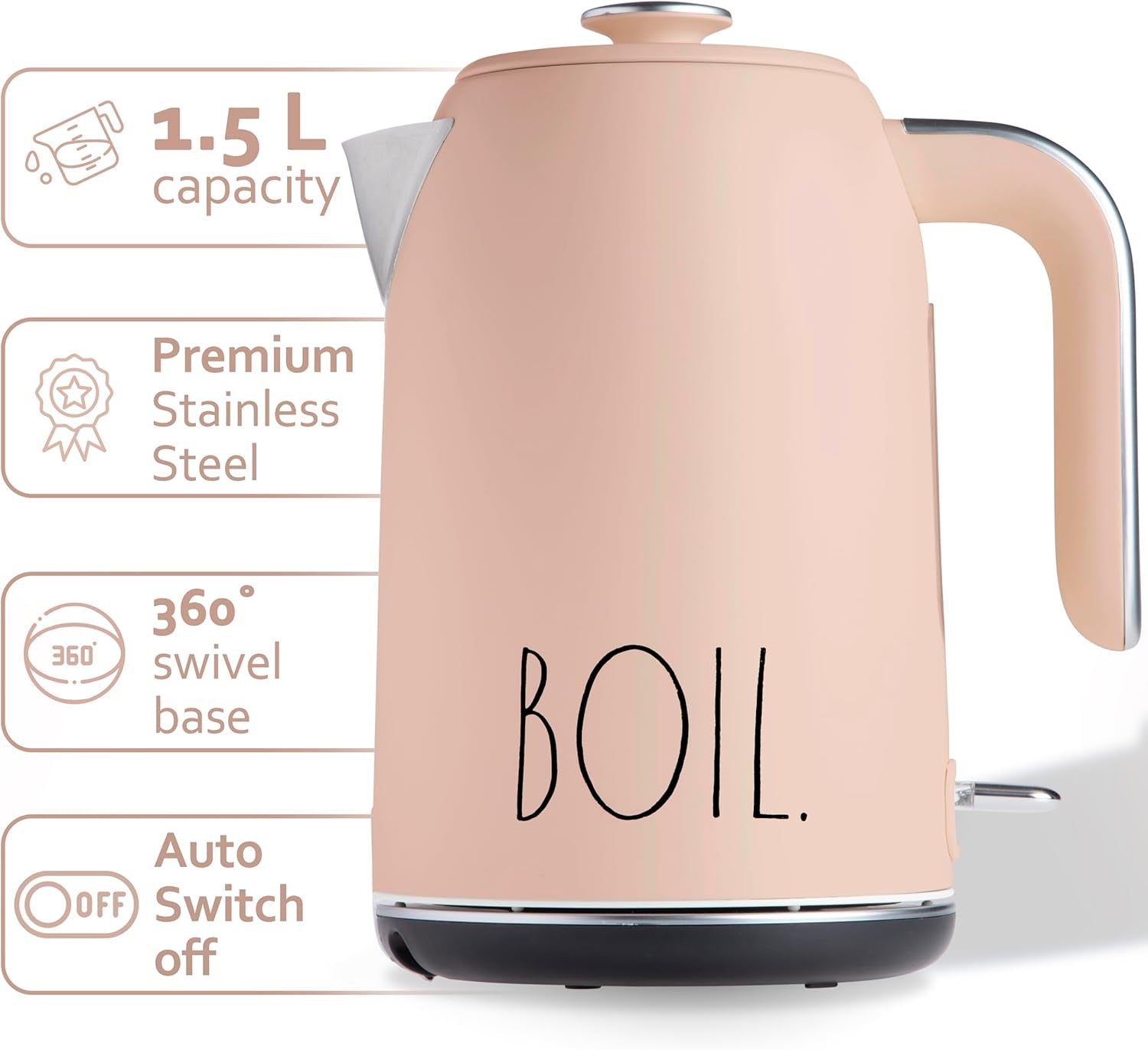 Rae Dunn Electric Kettle 1.7 Liters with Automatic Shut off Boil-Dry Protection Blush