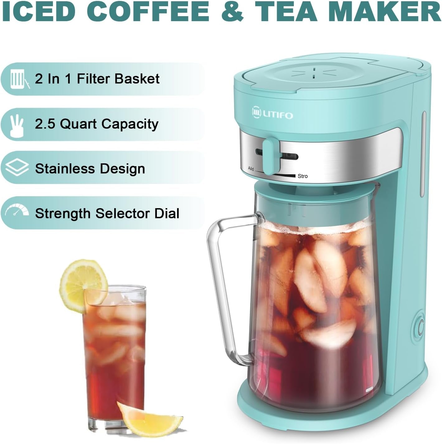 LITIFO Iced Tea Maker and Iced Coffee Maker Brewing System with 2.5-Quart Pitcher, Sliding Strength Selector for Taste Customization, Stainless Steel (Green)