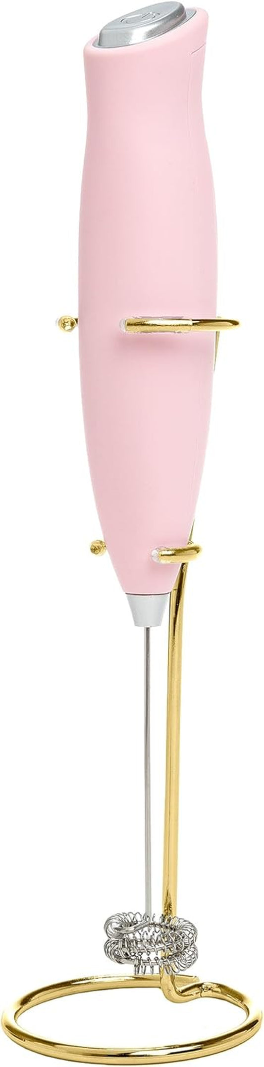 Paris Hilton Electric Handheld Milk Frother with Double Coil Head Whisk and Gold Metal Stand, Battery Powered (2 AA Batteries Required but Not Included), Pink Sparkle Finish