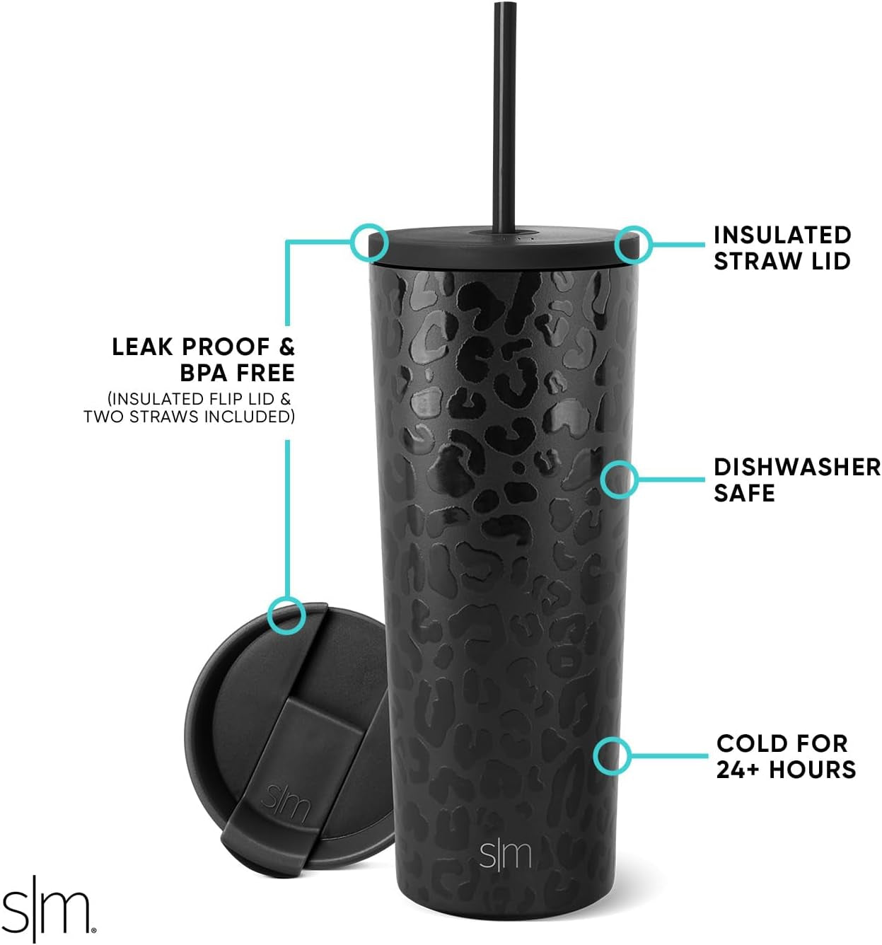 Simple Modern Insulated Tumbler with Lid and Straw | Iced Coffee Cup Reusable Stainless Steel Water Bottle Travel Mug | Gifts for Women Men Her Him | Classic Collection | 24Oz | Black Leopard