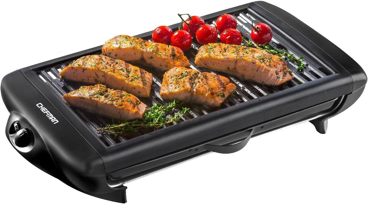 Chefman Electric Smokeless Indoor Grill W/ Non-Stick Cooking Surface & Adjustable Temperature Knob from Warm to Sear for Customized Bbqing, Dishwasher Safe Removable Water Tray, Black