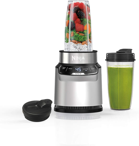 Ninja BN401 Nutri Pro Compact Personal Blender, Auto-Iq Technology, 1000-Peak-Watts, for Frozen Drinks, Smoothies, Sauces & More, with (2) 24-Oz. To-Go Cups & Spout Lids, Cloud Silver