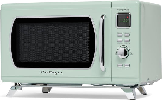 Nostalgia Mid-Century Retro Countertop Microwave Oven - Large 900-Watt - 0.9 Cu Ft - 8 Pre-Programmed Cooking Settings - Digital Clock - Kitchen Appliances - Seafoam Green