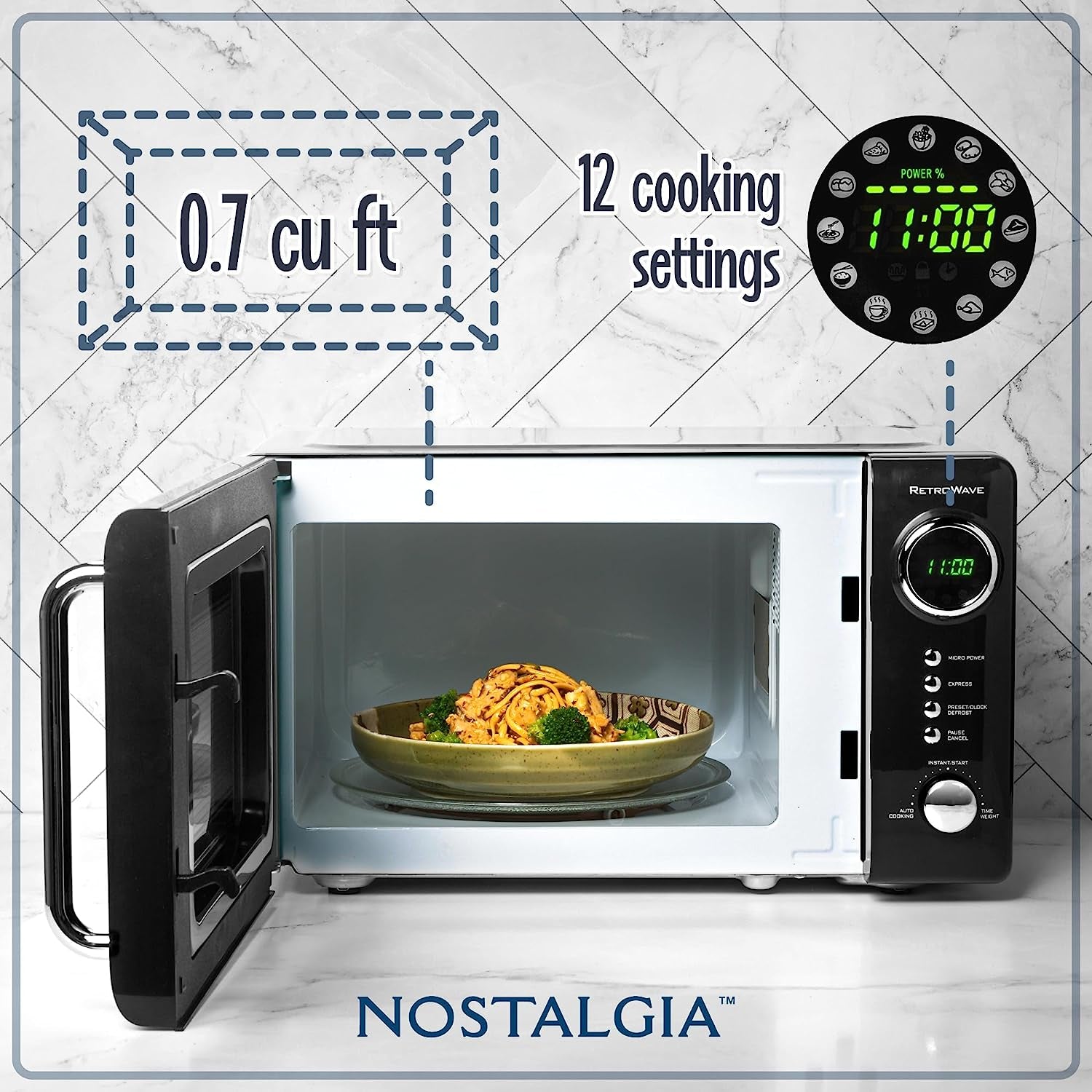 Nostalgia Retro Compact Countertop Microwave Oven - 0.7 Cu. Ft. - 700-Watts with LED Digital Display - Child Lock - Easy Clean Interior - Black