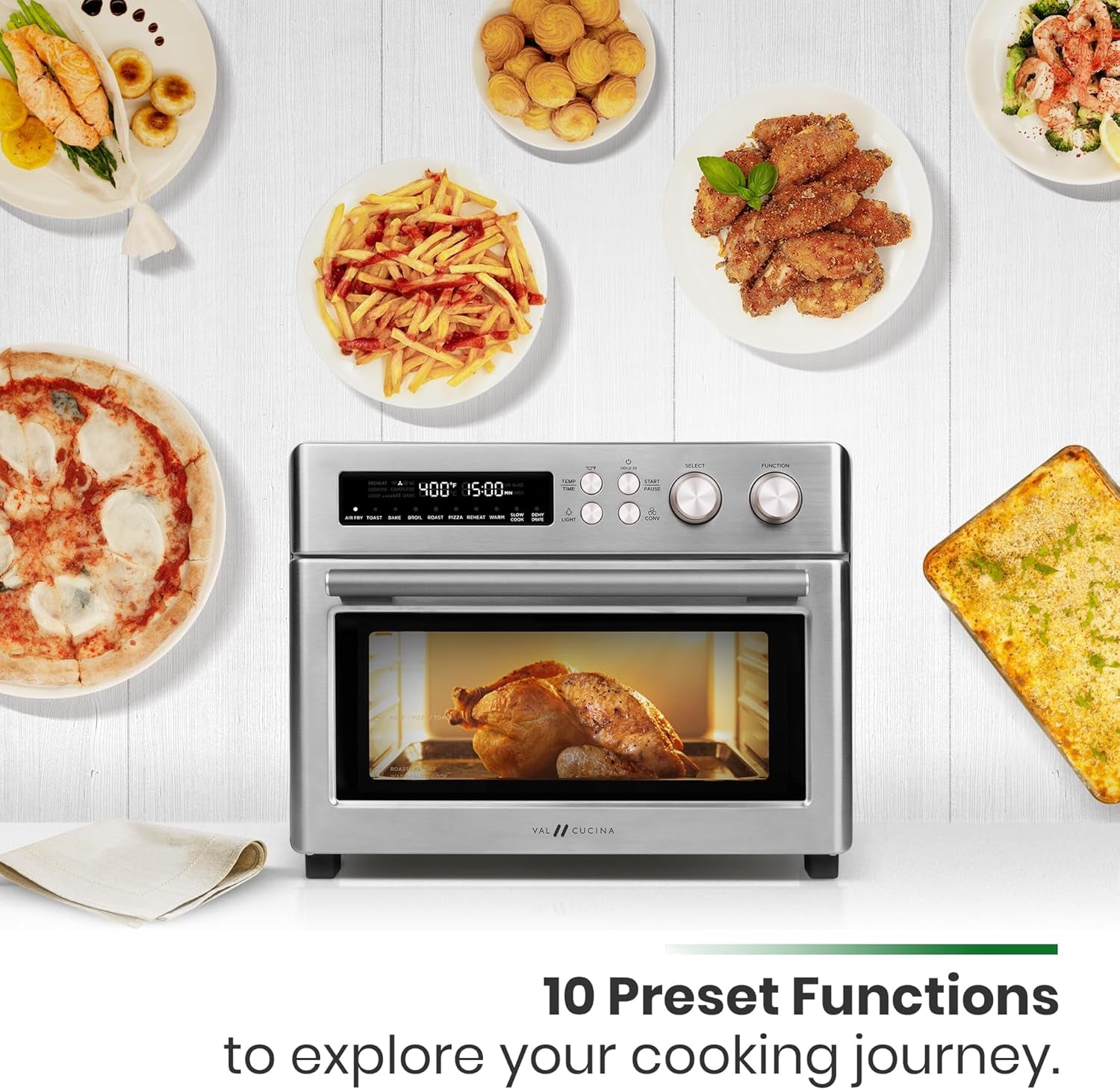 Infrared Heating Air Fryer Toaster Oven, Extra Large Countertop Convection Oven 10-In-1 Combo, 6-Slice Toast, Enamel Baking Pan Easy Clean with Recipe Book, Brushed Stainless Steel Finish