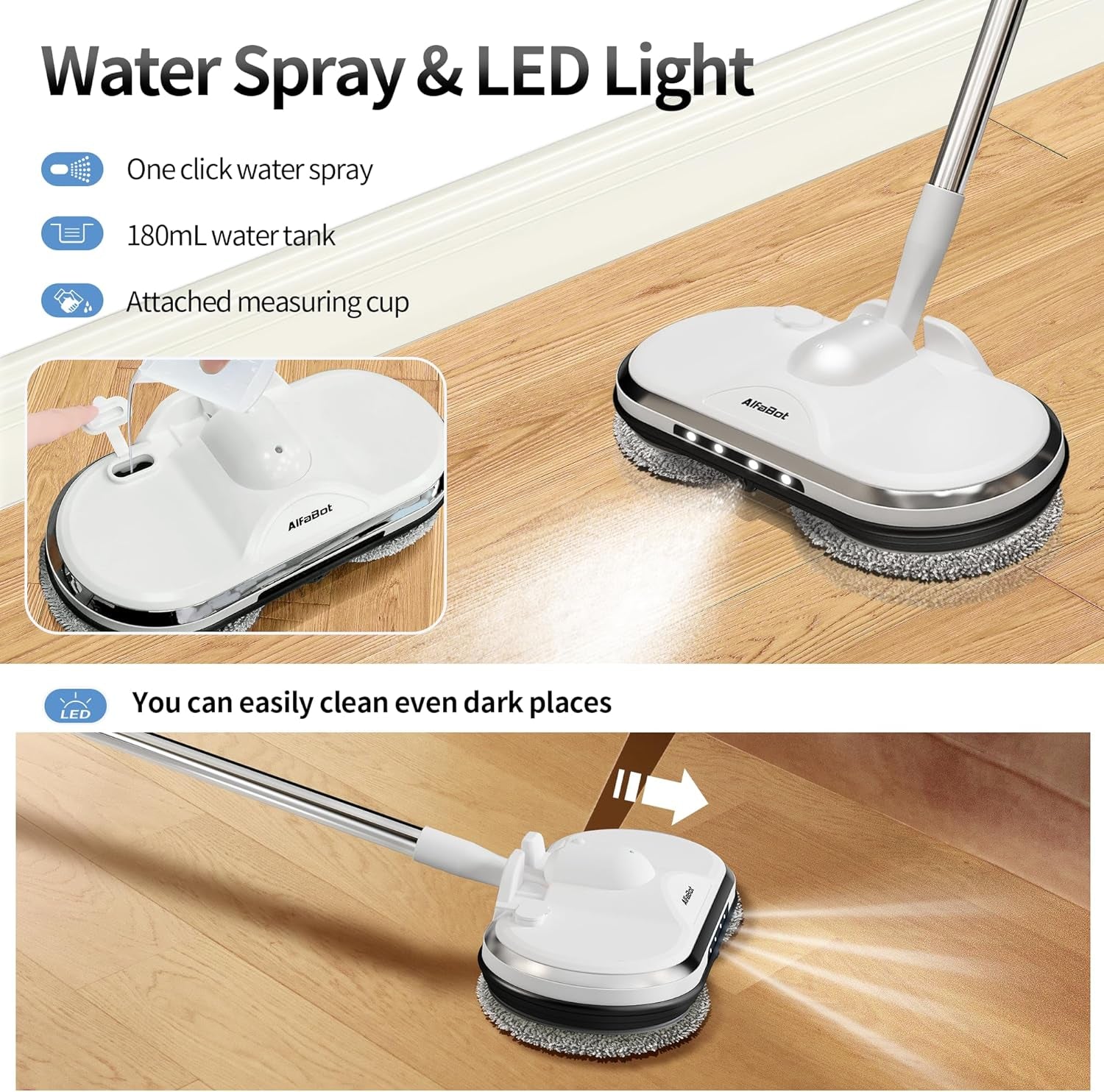 AlfaBot Cordless Electric Mop for Floor Cleaning with Water Sprayer and LED Headlight Rechargeable